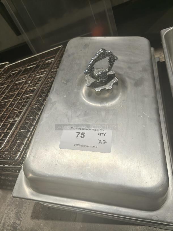 Commercial 1/3-Size Hotel Pan Cover, stainless steel, decorative handle, visible tag with quantity "2".