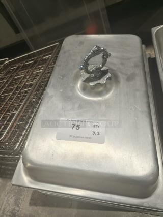 Commercial 1/3-Size Hotel Pan Cover, stainless steel, decorative handle, visible tag with quantity "2".