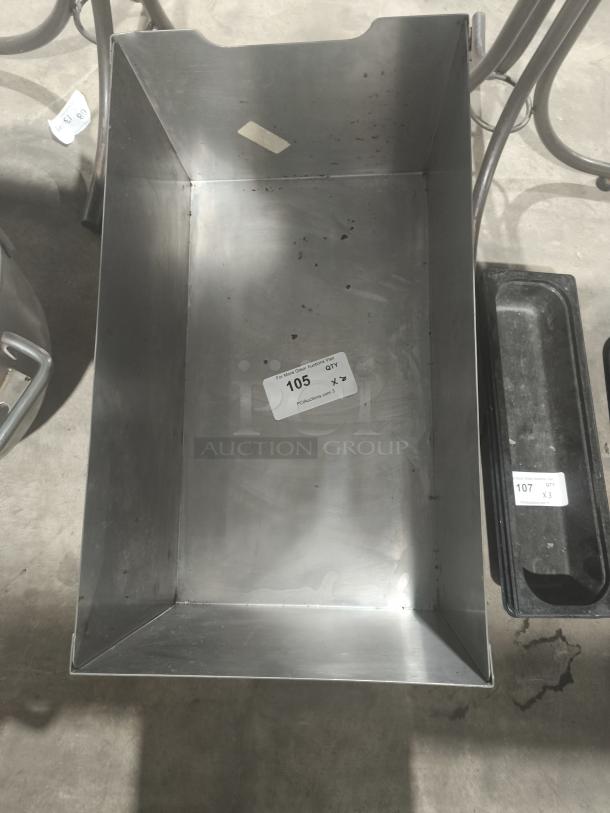 Stainless steel commercial bus tub, utility bin; visible markings, auction label 105; minor surface scratches, robust condition.
