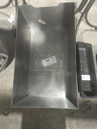 Stainless steel commercial bus tub, utility bin; visible markings, auction label 105; minor surface scratches, robust condition.