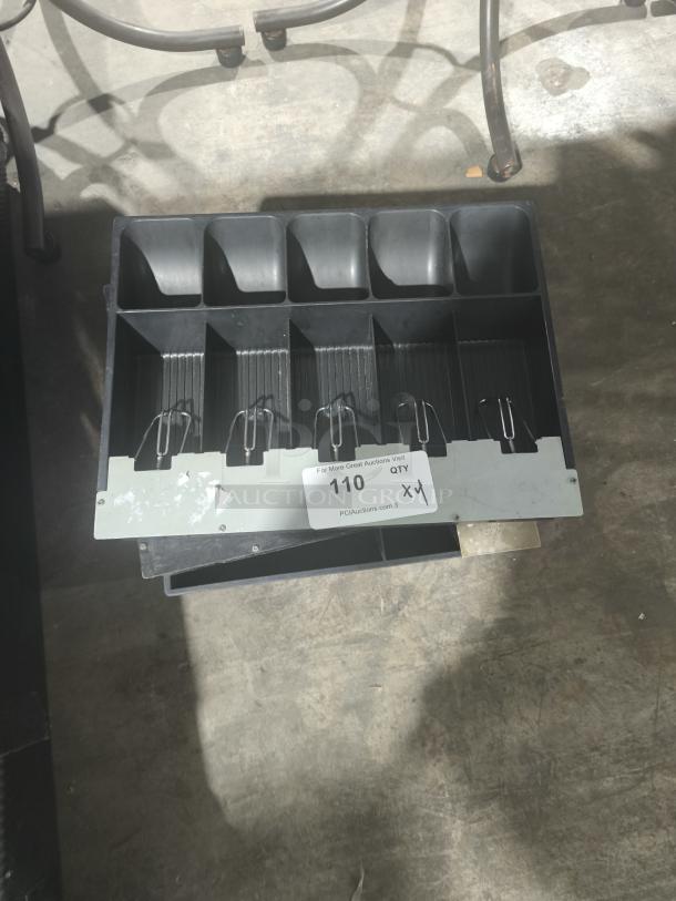 POS cash drawer till insert with 4 bill and 5 coin compartments. Includes visible label reading "110 Qty x4."