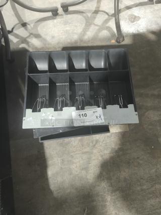 POS cash drawer till insert with 4 bill and 5 coin compartments. Includes visible label reading "110 Qty x4."
