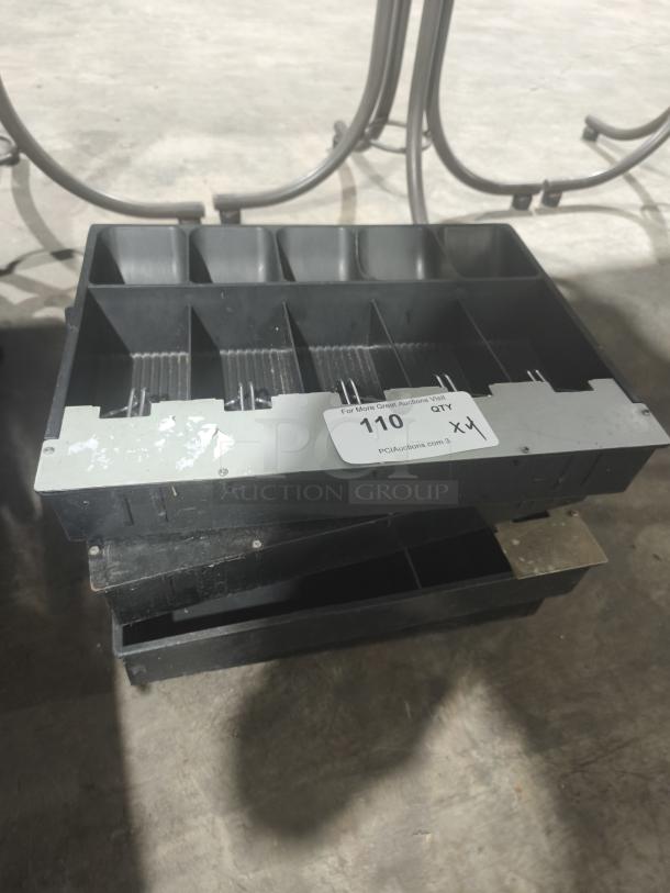 POS cash drawer till insert with 4 bill and 5 coin compartments, moderate wear, auction tag showing quantity 3.