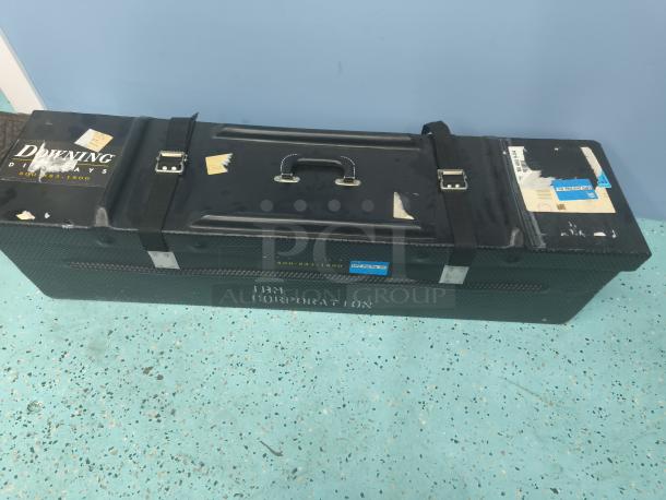 Downing Displays hard-sided trade show case, black with straps, handle, and visible wear. Marked with brand logo and labels.