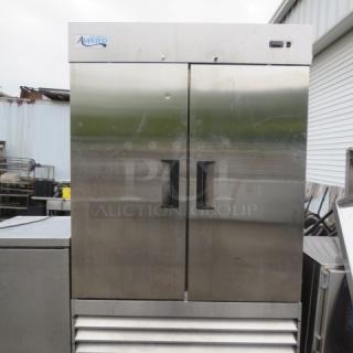 Avantco 2 Door Stainless Steel Refrigerator, Model 178A49RHC, with 6 racks, on casters, 54x32.5x83, 115V, working condition.