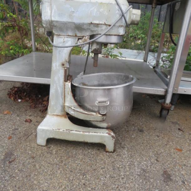 Hobart A200 20 Quart Stand Mixer with bowl and paddle, 120V, visible wear, good working condition, includes attached label.