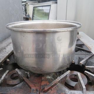 Stainless steel pot, 12.5x8 inches, polished finish, in used condition, open top, slight water spots visible.