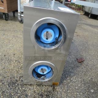 San Jamar stainless steel table top dual cup dispenser, spring loaded, 24x8x16 inches, labels intact, good condition.