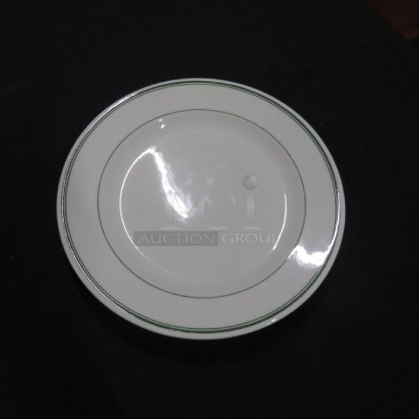 9-inch vintage McNicol China plate, model A107, with green stripe design on rim, in excellent condition.