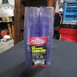 One lot of 12 new Winware 12oz stackable tumblers, clear plastic, packaged with label indicating dishwasher-safe and easy cleaning.