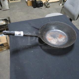 11-inch saute pan, 3XBID, cast iron, used condition with visible rust, long handle, auction lot tag 176.
