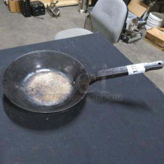 11-inch saute pan, metal, well-used condition, with handle. Marking "3XBID" indicates auction lot number.