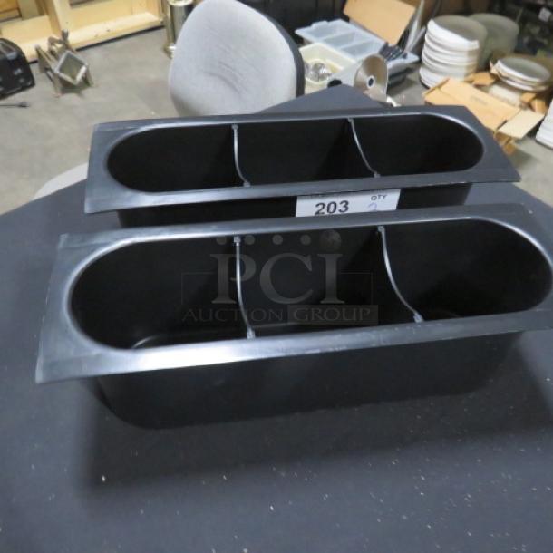 New Poly Bottle Holder, model 2XBID, dual compartment, black plastic, excellent condition, suitable for storage or organization.