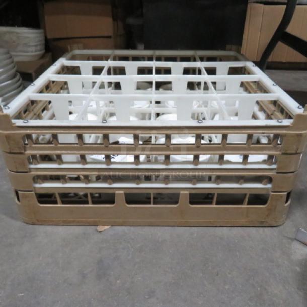 Brown 16-hole dishwasher rack, used condition, stackable design, sturdy plastic material, suitable for commercial use.
