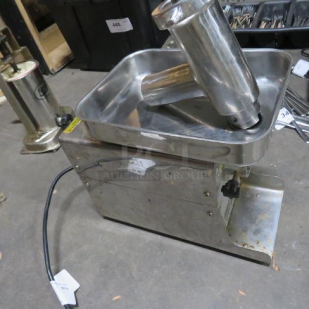 LEM Meat Grinder Model 780, stainless steel, 120V. Features large tray, chute, and power switch. Some surface wear visible.