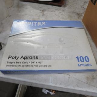 Box of 100 Ambitex 24x42 inch single-use poly aprons, in original packaging, ideal for hygienic use.