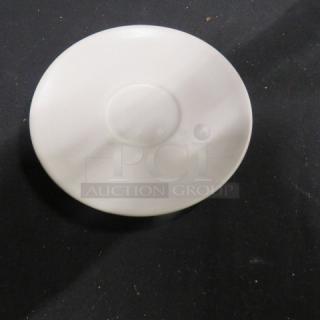 6.5-inch white Evolution saucer, smooth finish, round center. Part of the 10XBID collection. Good condition.