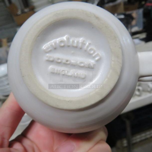Evolution Coffee Cup, white ceramic, embossed with "Evolution," "9XBID," and "England" on base.