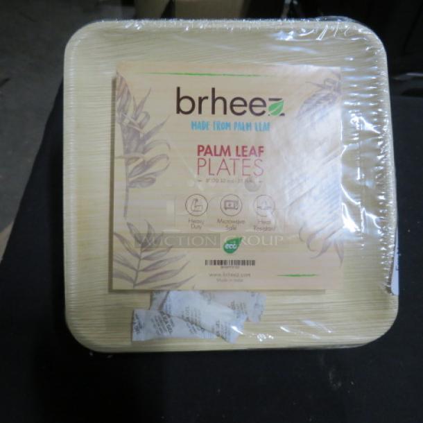 Brhees 8-inch palm leaf plates, 25-pack, eco-friendly, microwave safe, heavy-duty. New, sealed in original packaging.