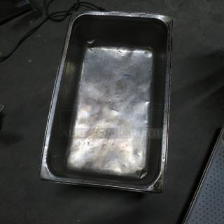 Full-size 6-inch deep hotel pan, stainless steel, used condition, slight wear visible, suitable for commercial kitchens.