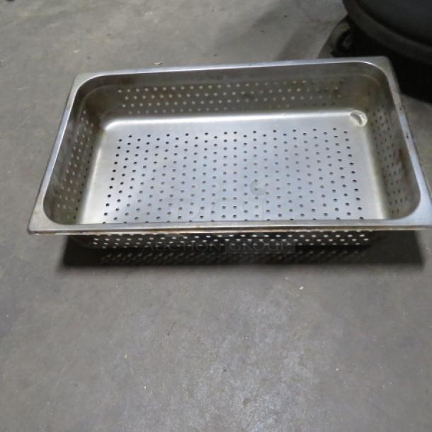 Full-size 4-inch deep perforated hotel pan, stainless steel, used condition, with visible perforations for drainage.