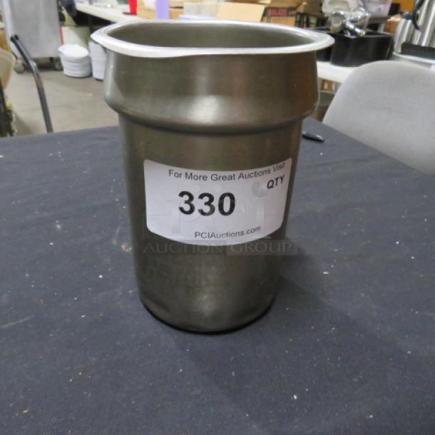 Stainless steel Bain Marie, cylindrical shape, with visible auction label "330," in good condition.