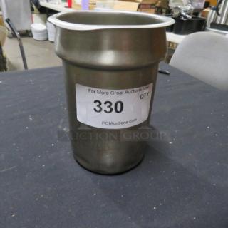 Stainless steel Bain Marie, cylindrical shape, with visible auction label "330," in good condition.