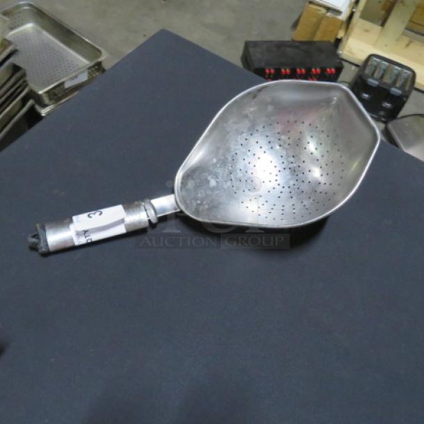 Stainless steel strainer with perforated bowl and wrapped handle, mild wear, includes number tag on handle.