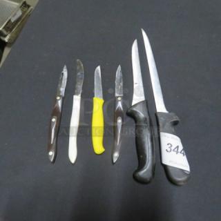 Assorted chef knives set, six pieces, various handle colors, moderate wear, tagged "344" for auction identification.