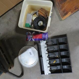 Lot of miscellaneous items including a white bin with various tools, a storage tray with labels, and a sealed container marked "350."