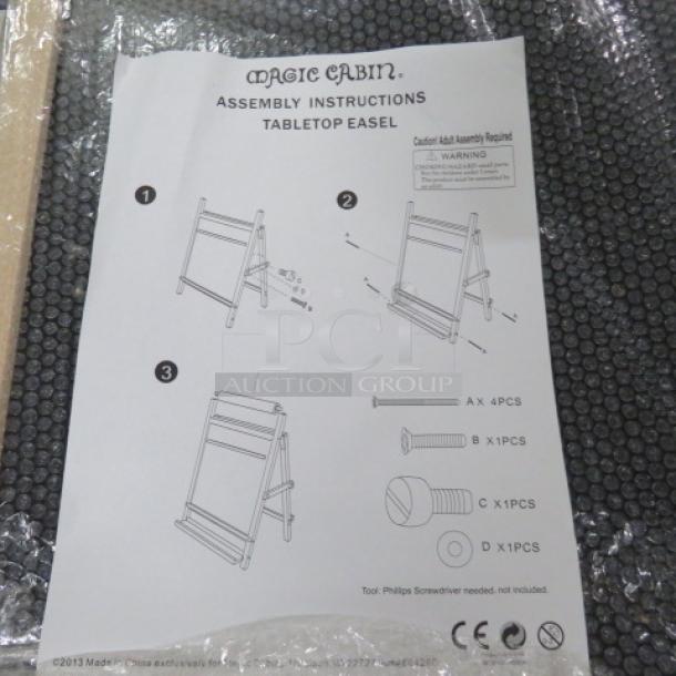 Magic Cabin tabletop easel assembly instructions, dry erase and chalkboard combo, new condition, includes hardware list.