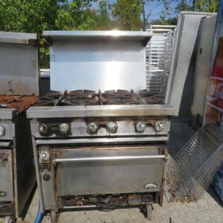 Jade Bistro 6 Burner Natural Gas Range with stainless steel over shelf, on casters, dimensions 36x32x58 inches.