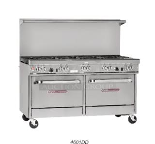 Southbend 4601DD commercial stainless steel 10-burner range with double oven, back splash, overhead salamander shelf. Brand new, 1-year warranty.