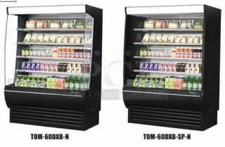 Turbo Air TOM-60DXB multi-tier refrigerated display case, black, LED lighting, brand new with warranty, in shipping crate.