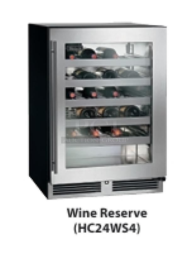 Perlick HC24WS4 wine reserve, stainless steel, single glass door, 24" undercounter design, adjustable shelves, new.