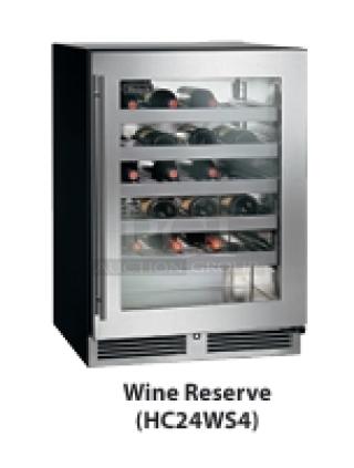 Perlick HC24WS4 wine reserve, stainless steel, single glass door, 24" undercounter design, adjustable shelves, new.