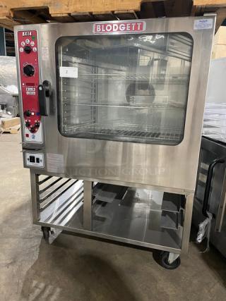 Blodgett BX146AA stainless steel propane combi oven with wired racks, undershelf stand, pan slides, on casters, 115V 1 Phase.