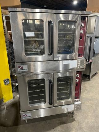 Southbend SilverStar stainless steel double-stacked convection oven, natural gas powered, with thermostatic control and wired rack, in good condition.