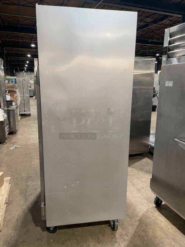 Traulsen G-Series stainless steel 2-door refrigerator, model G20010, on casters, Energy Star certified, with poly-coated racks.