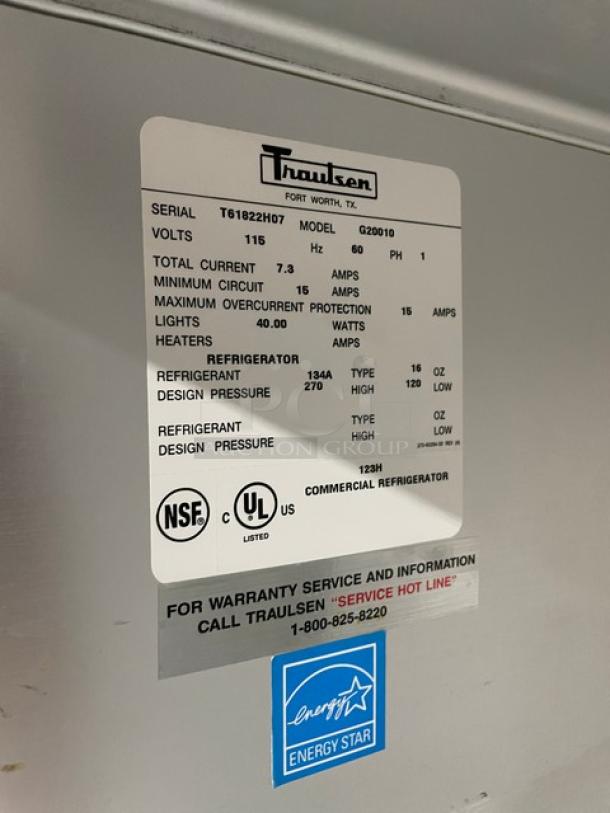 Traulsen G-Series G20010 stainless steel commercial fridge label. Features Energy Star certification and warranty info.