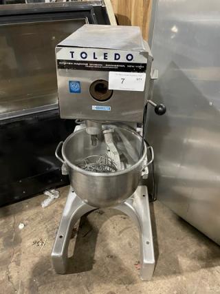 Toledo Model 5020 commercial floor mixer with stainless steel bowl, wired whisk, aluminum beater; 115V, 1 Phase, SN: 859411.