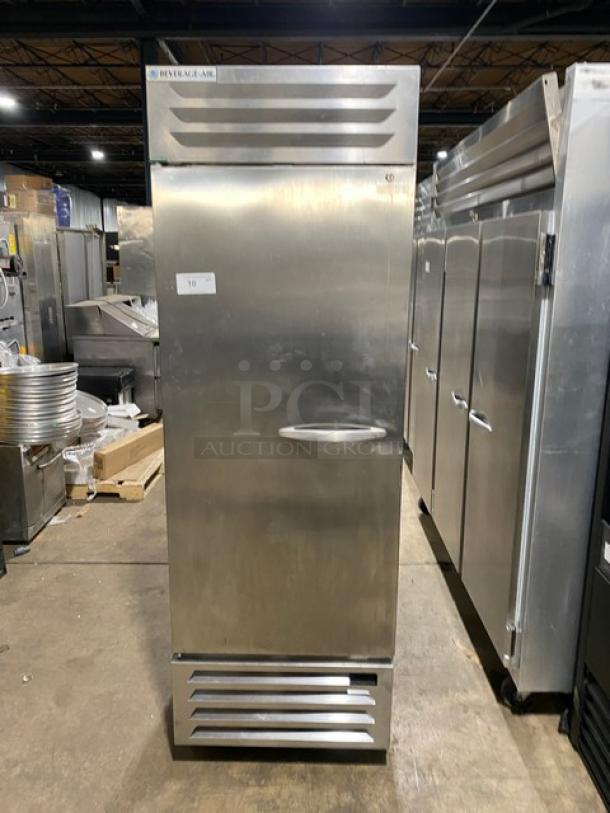 Beverage-Air Vista Series single door refrigerator, model RB23HC-1S-18, stainless steel, with poly-coated rack, on casters.