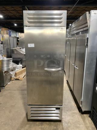 Beverage-Air Vista Series single door refrigerator, model RB23HC-1S-18, stainless steel, with poly-coated rack, on casters.