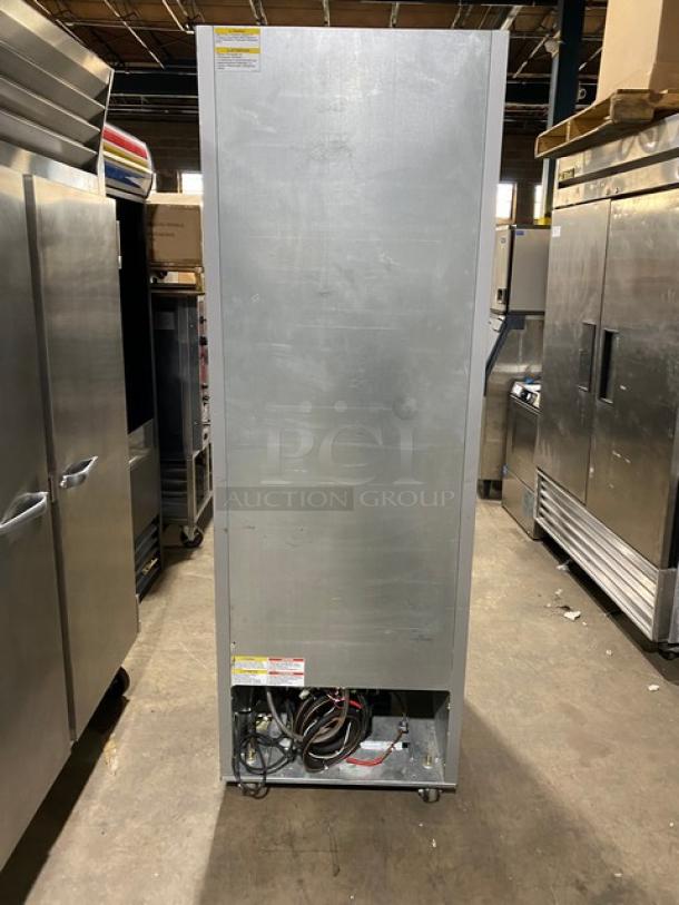 Beverage-Air Vista Series RB23HC-1S-18 commercial stainless steel single door refrigerator on casters, rear view.