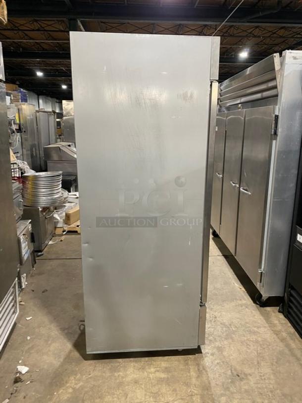 Beverage-Air Vista Series stainless steel single door reach-in refrigerator, model RB23HC-1S-18, on casters, with poly-coated rack.