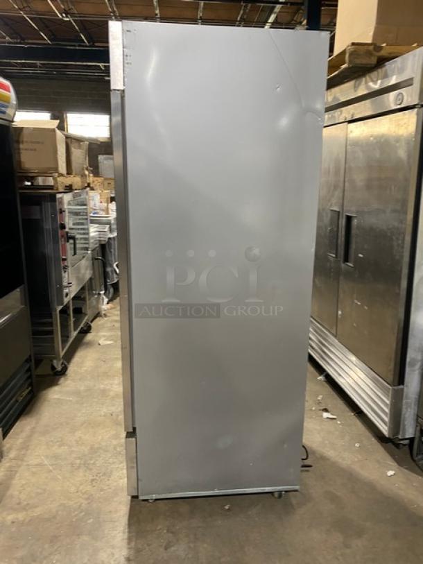 Beverage-Air Vista Series stainless steel reach-in refrigerator, model RB23HC1S18, with poly-coated rack, on casters.