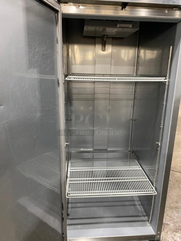 Beverage-Air Vista Series stainless steel single door refrigerator, model RB23HC-1S-18, with poly coated wired rack, on casters.