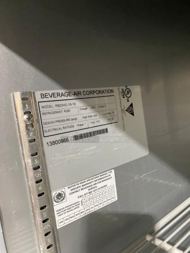Beverage-Air Vista Series Refrigerator RB23HC-1S-18 label, showing model, specs, and serial number. Includes poly coated rack.