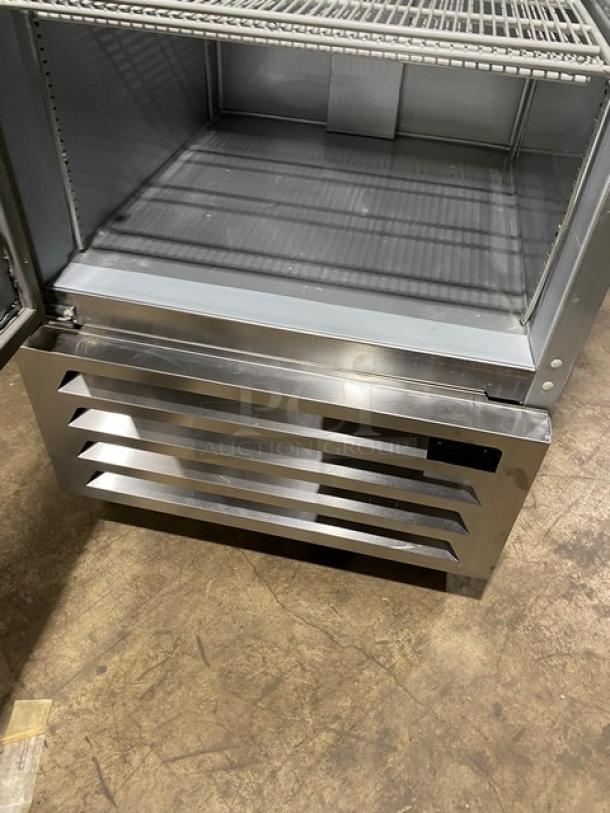 Beverage-Air Vista Series stainless steel single door refrigerator, Model RB23HC-1S-18, with poly coated wired rack, on casters.