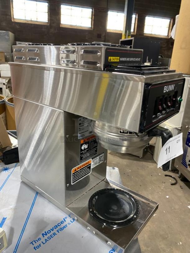 Bunn CWT35 commercial coffee brewer, stainless steel, dual upper warmers, brew basket, 120V, serial CWT069469AC.